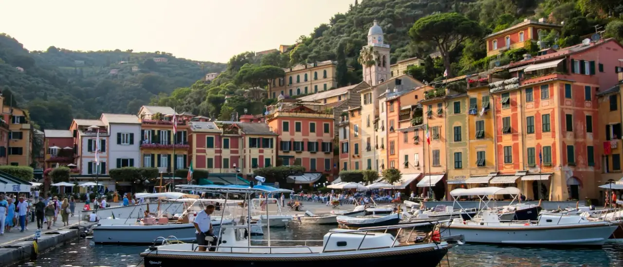 Barche ormeggiate nel porto di Portofino con le case colorate sullo sfondo